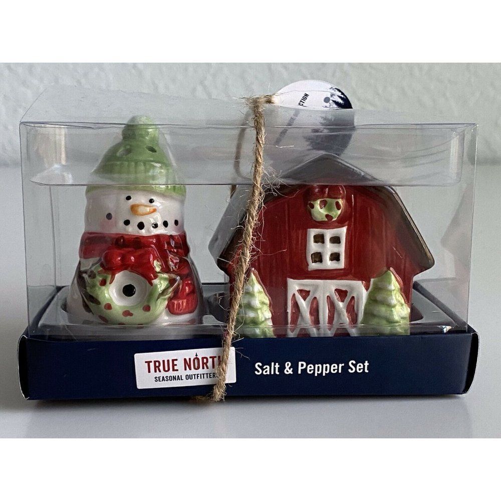 True North Christmas Salt Pepper Shakers Snowman & Barn Farmhouse Winter NWT